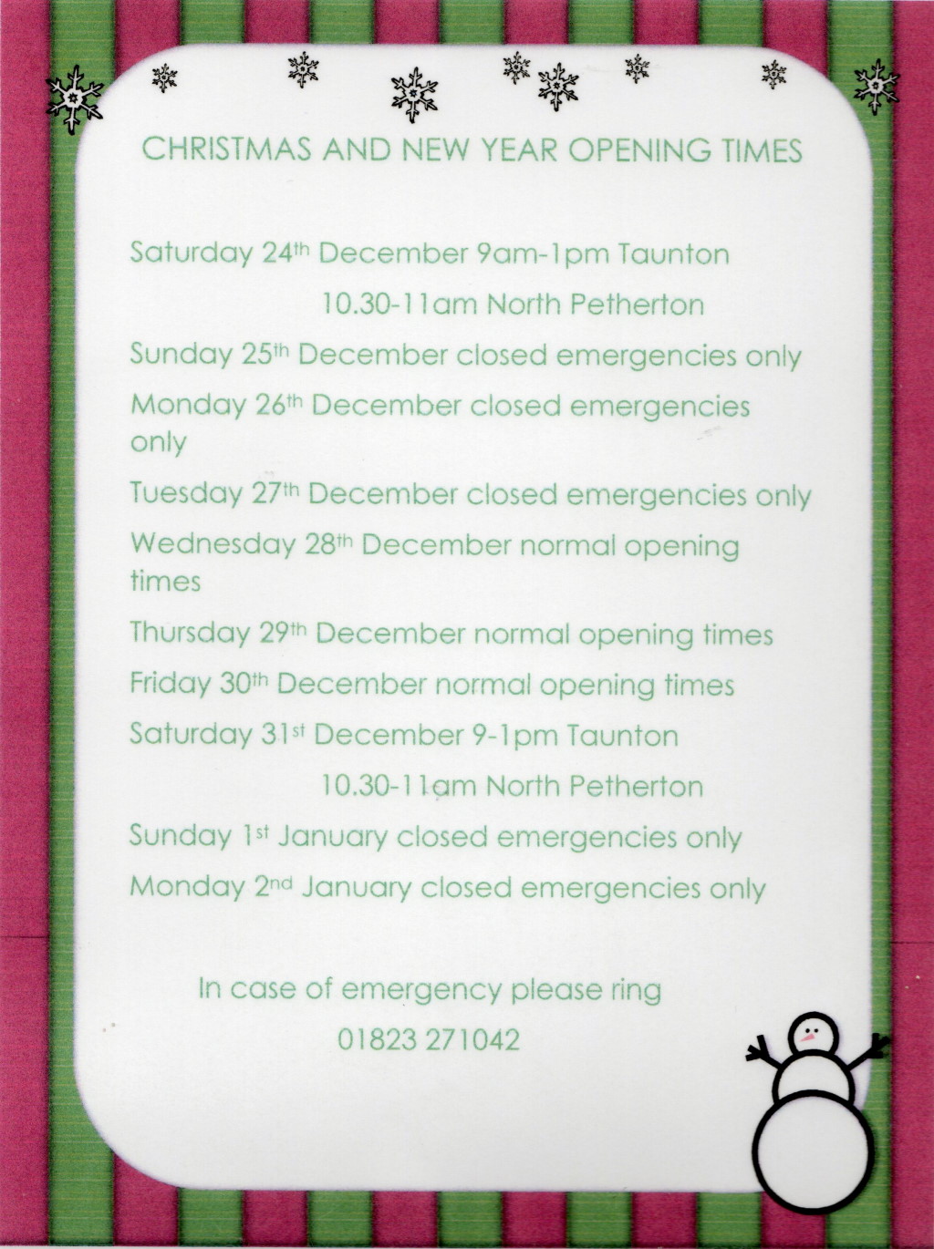 Christmas Opening Times for 2022 Priory Close Vets Taunton, Somerset
